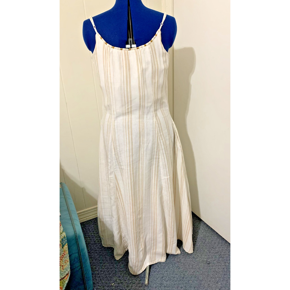 Calypso St. Barth Size 12 Beige & White Striped Beaded Linen Blend Maxi Dress - Picture 4 of 11